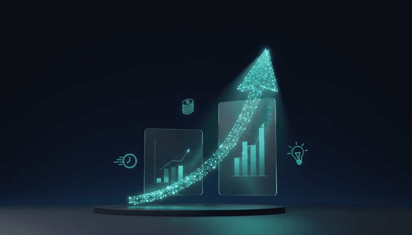 Flèche ascendante composée de nodes connectés symbolisant la croissance grâce au no-code