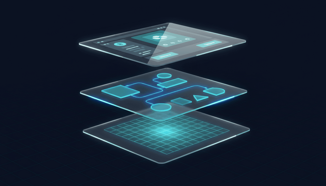 Diagramme en couches d'une plateforme no-code avec éditeur visuel, base de données et logique métier