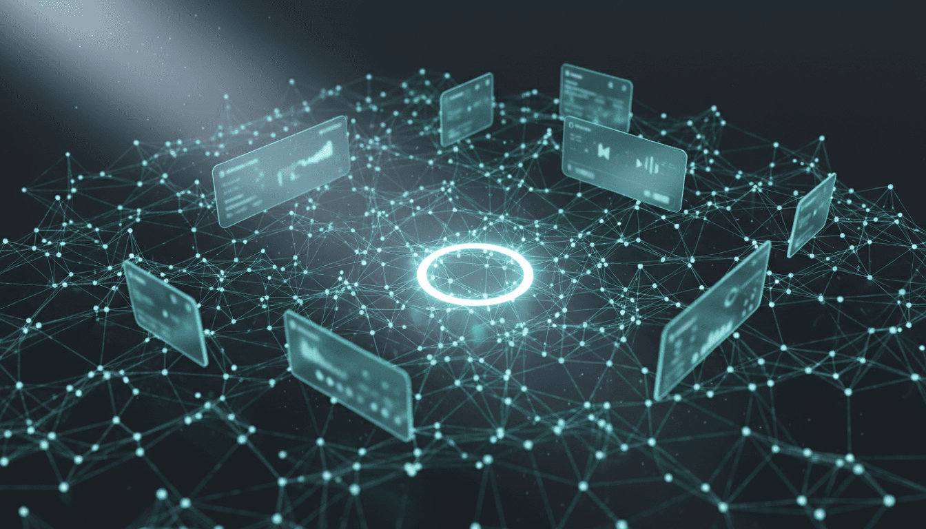 Réseau interconnecté de nodes lumineux représentant l'écosystème no-code