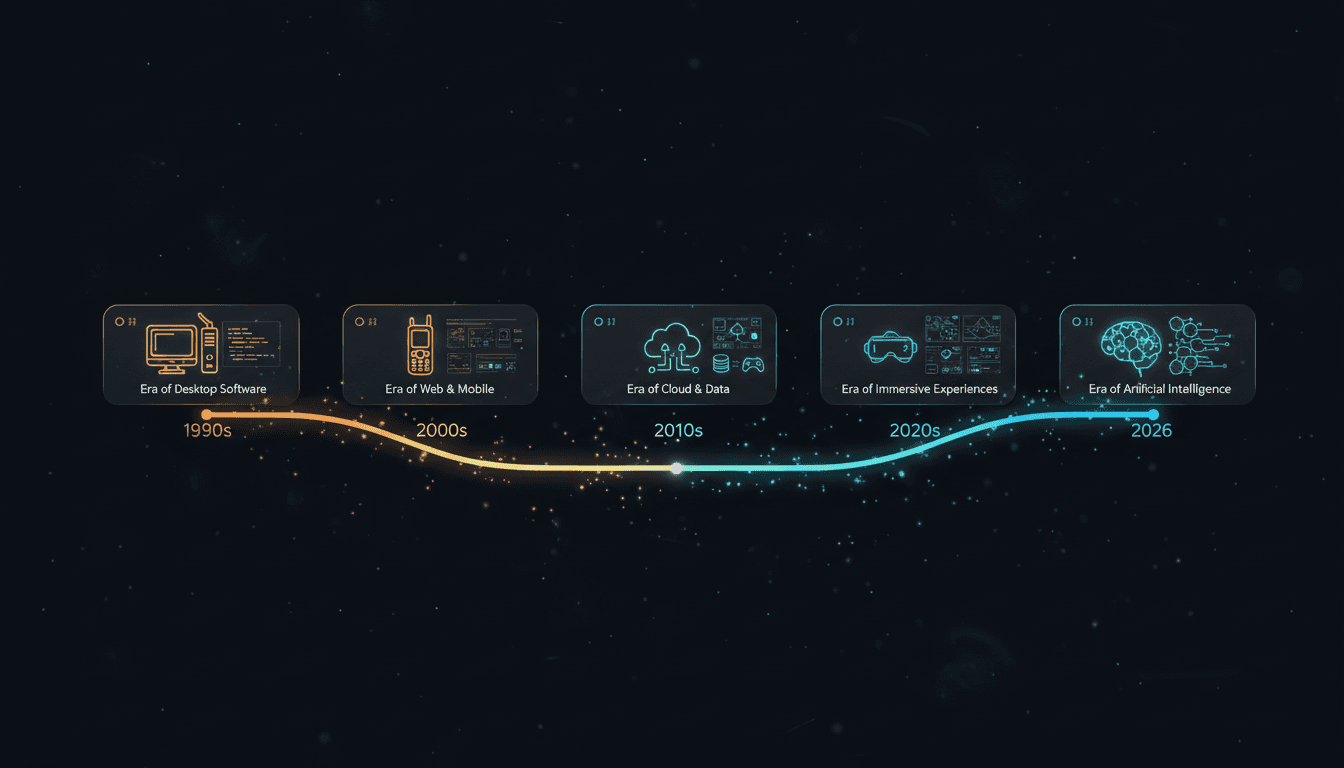 Timeline horizontale montrant l'évolution du mouvement no-code des années 80 à 2026