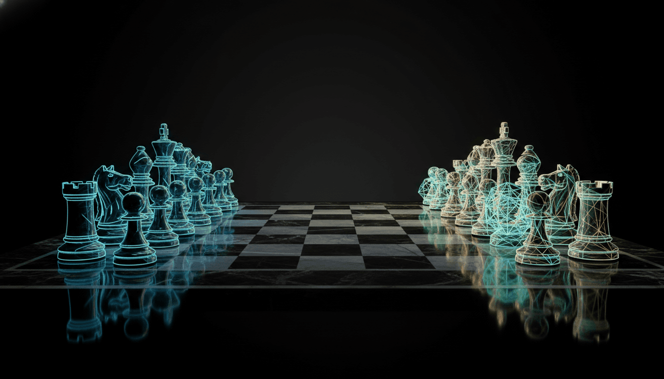 Échiquier opposant pièces traditionnelles et formes géométriques modernes