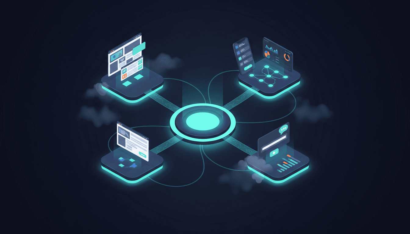 Îles isométriques connectées représentant les différentes solutions no-code possibles