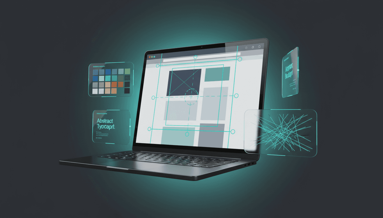 Écran de laptop montrant un design pixel-perfect avec guides d'alignement