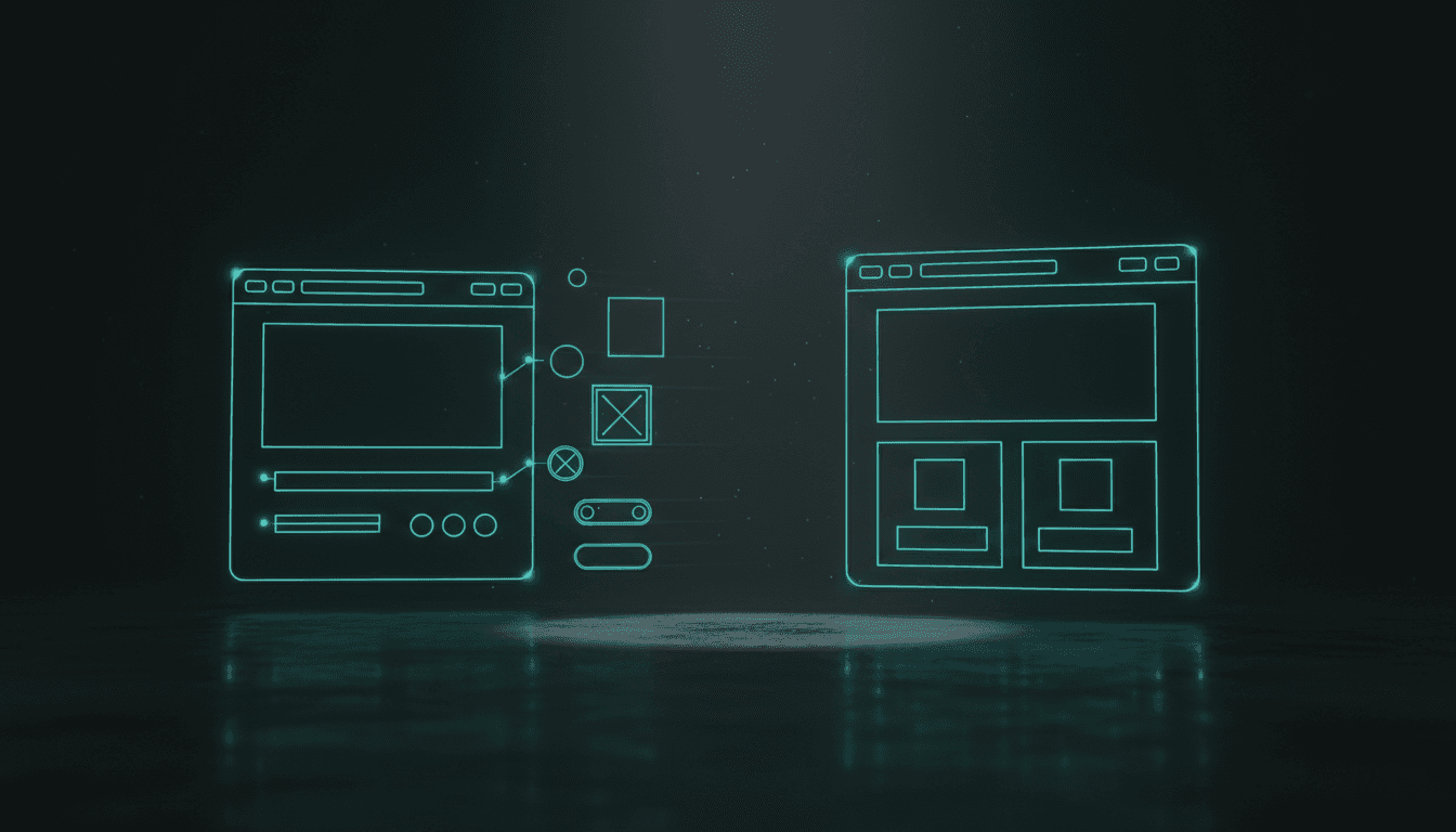 Wireframe lumineux d'un site web en cours d'assemblage sans code