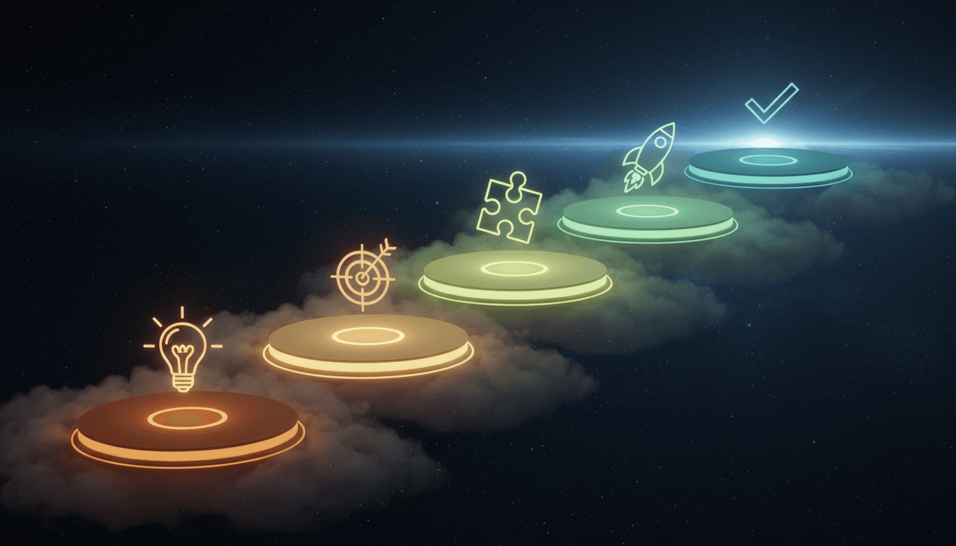 Chemin ascendant de plateformes lumineuses symbolisant les étapes d'un premier projet no-code