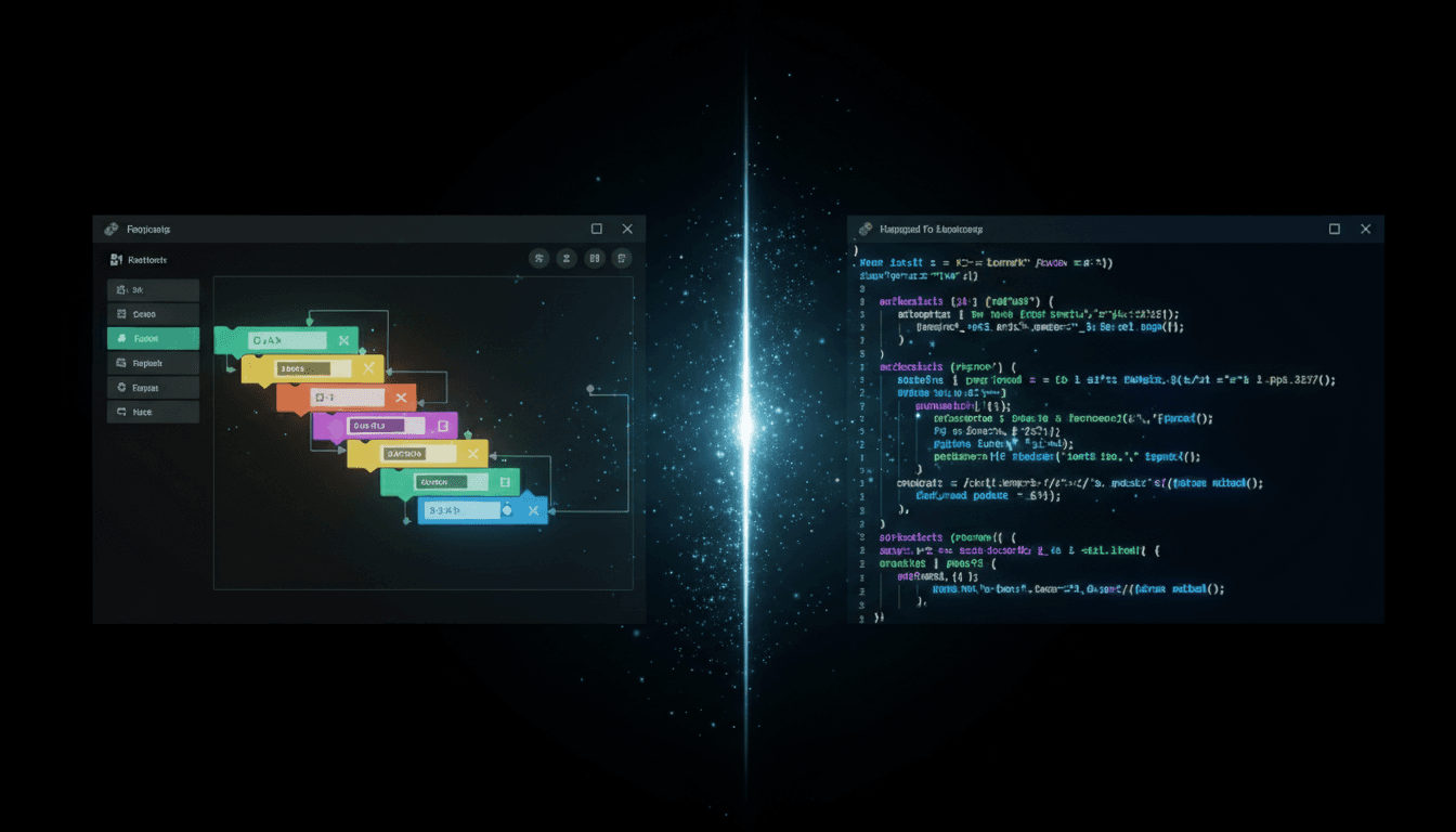Écran divisé comparant l'interface visuelle no-code et le code traditionnel